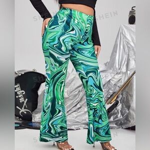 NWOT SHEIN green marble flare pants, size large